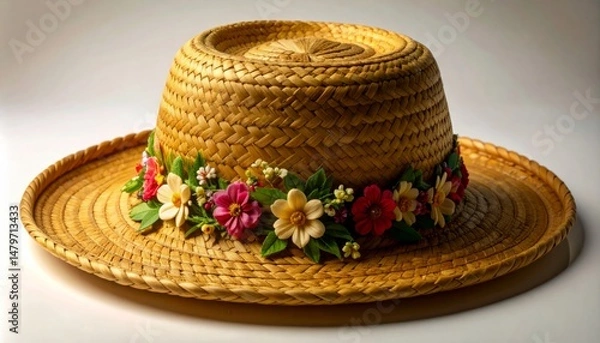 Fototapeta Straw Hat with Delicate Floral Design on White Background