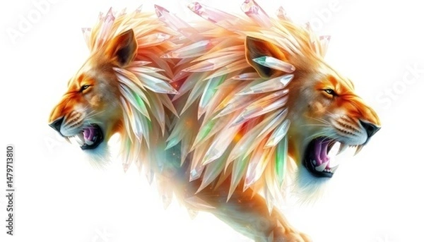 Fototapeta Two Majestic Lions With Colorful Feathered Mane Abstract Wildlife Portrait