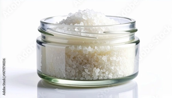 Fototapeta White Salt Crystals in a Clear Glass Jar on White Background