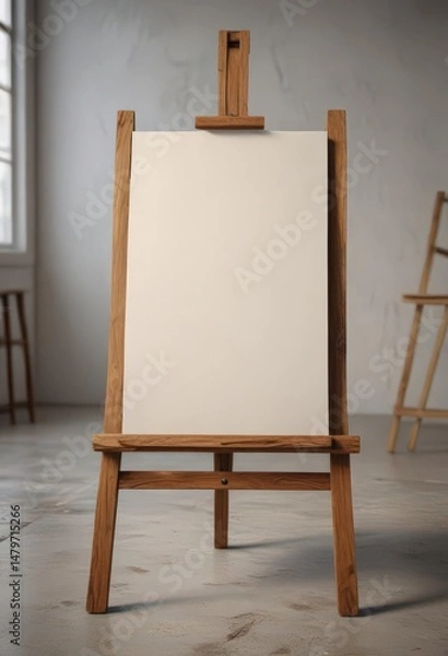 Fototapeta Rustic wooden easel legs support a pristine blank canvas ,  vintage,  texture,  supplies