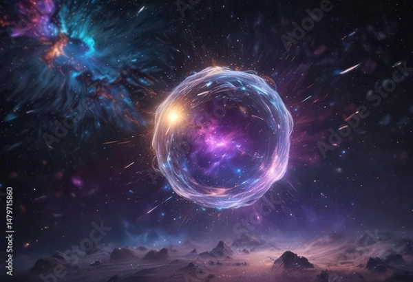 Fototapeta Shimmering iridescent particles float in a cosmic nebula of light , rays, magic