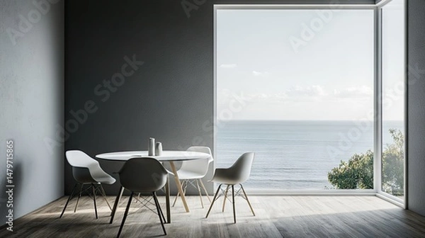 Fototapeta Modern dining area with ocean views, a peaceful space.