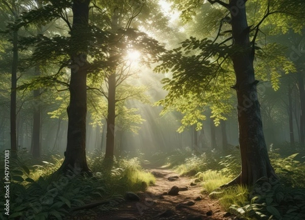 Fototapeta Dense forest with sunlight dappling through leaves, twig, bush, branch