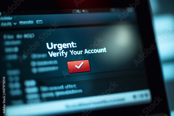 Fototapeta Urgent verify account notification in a digital inbox, a common online scam and phishing attempt targeting personal bank details. Fake email alert