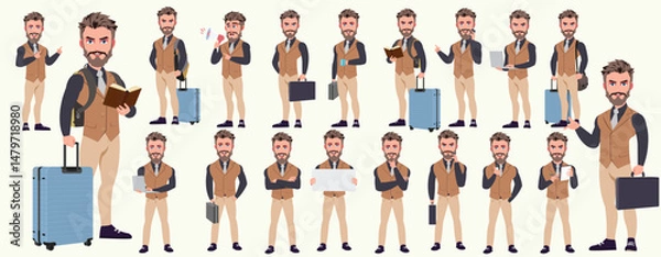 Fototapeta Man Character design. Front, side, back view and explainer animation poses. Character set with lip sync and facial expressions of Happy, angry, sad, Joy with Side walk cycle animation sequence sprite 