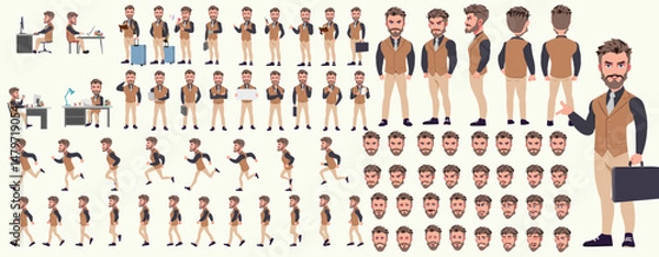 Fototapeta Man Character design. Front, side, back view and explainer animation poses. Character set with lip sync and facial expressions of Happy, angry, sad, Joy with Side walk cycle animation sequence sprite 