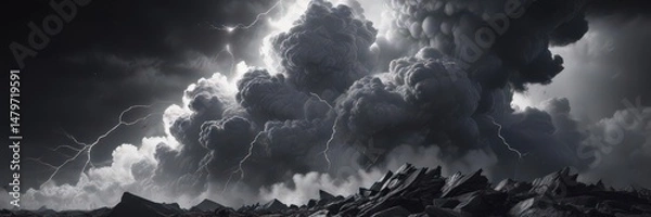 Fototapeta Dense, charcoal clouds boil, white lightning cracks through ,  grey sky,  cumulonimbus,  cloud formation