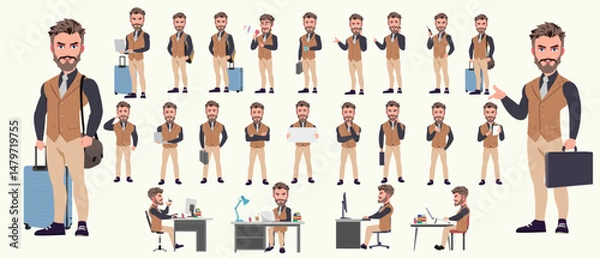Fototapeta Man Character design. Front, side, back view and explainer animation poses. Character set with lip sync and facial expressions of Happy, angry, sad, Joy with Side walk cycle animation sequence sprite 