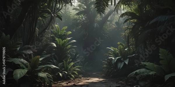 Fototapeta Intricate dark tropical leaves, vines, and shadows create a mysterious, lush jungle scene , dense, wild