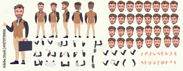 Fototapeta Man Character design. Front, side, back view and explainer animation poses. Character set with lip sync and facial expressions of Happy, angry, sad, Joy with Side walk cycle animation sequence sprite 