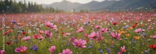 Fototapeta Vibrant cosmos flowers sway gently in a summer field ,  background,  day