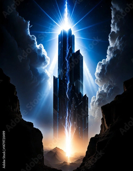 Obraz futuristic city, vertical architecture, mountain valley, glowing tower, dramatic landscape, science fiction, isolated structure, surreal environment, towering spire, advanced civilization, wilderness,