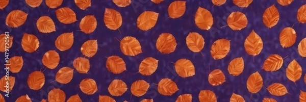 Fototapeta Scattered metallic orange leaves on deep violet  Geometric leaf pattern , tone, botanical