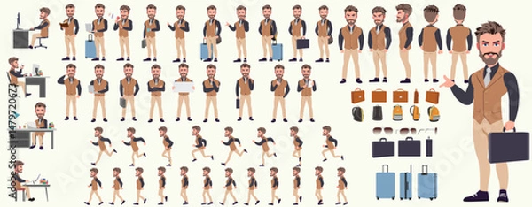 Fototapeta Man Character design. Front, side, back view and explainer animation poses. Character set with lip sync and facial expressions of Happy, angry, sad, Joy with Side walk cycle animation sequence sprite 