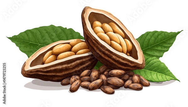 Obraz Two Open Cocoa Pods with Beans and Green Leaves Arranged on White Background
