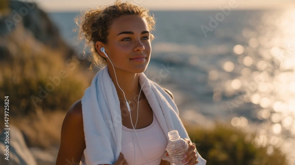 Fototapeta With earbuds in and workout complete, the young woman drinks water while gazing at the endless sea, her towel fluttering in the breeze