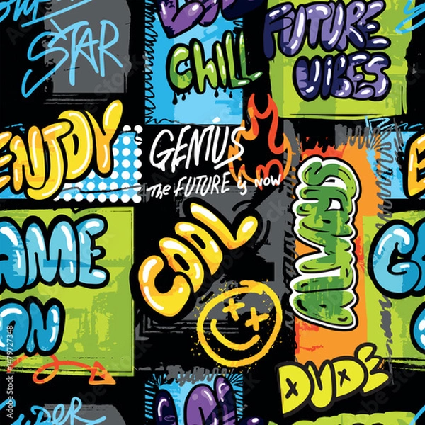 Fototapeta Abstract bright graffiti pattern. With bricks, paint drips, words in graffiti style. Graphic urban design for textiles, sportswear, prints.
