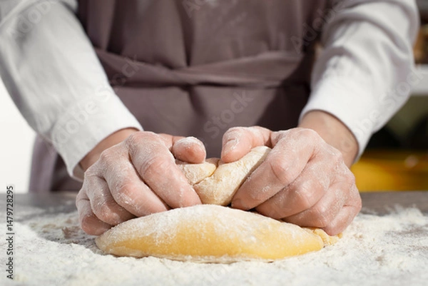 Obraz Baking concept. Caucasian female hands kneading the dough.