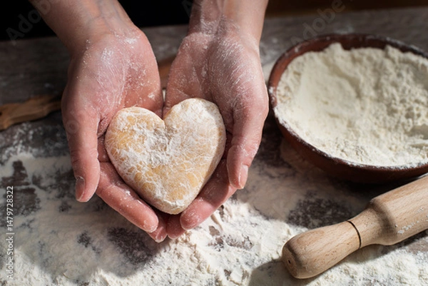 Obraz Baking concept. Caucasian female hands holding heart shaped dough.