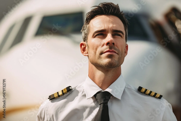 Obraz A professional male pilot standing in front of his airplane