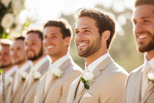 Obraz Groomsmen in elegant suits with boutonnieres at the wedding ceremony
