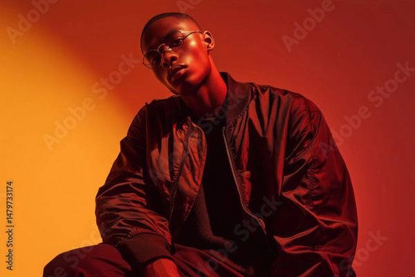 Obraz A professional male model with glasses dressed in a black jacket, black sweatshirt, and black pants, posing confidently in a professional studio with warm orange lighting