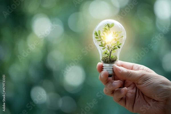 Obraz A human hand holds a glowing lightbulb with lush green leaves, representing eco-innovation, renewable resources, and a bright, sustainable future