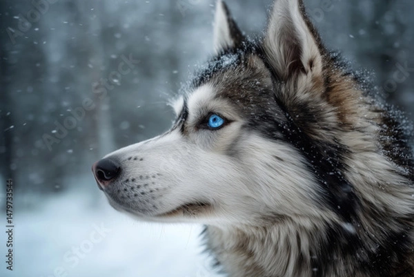 Obraz Portrait of a Husky dog with striking blue eyes, standing in a snowy forest