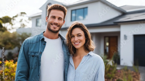 Obraz Young couple dressed casually, standing together outside their new modern house with some greenery, excited about starting a new chapter