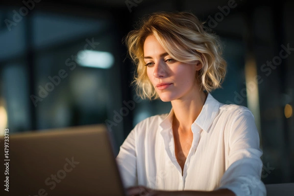 Obraz Focused blonde businesswoman in a white blouse working on her laptop, drafting a presentation, writing to a colleague, contacting a client in a contemporary office on a blurred background