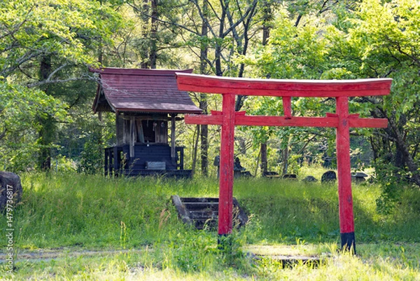 Obraz 新緑と宮城県刈田郡蔵王町宮二渡入の二渡稲荷神社