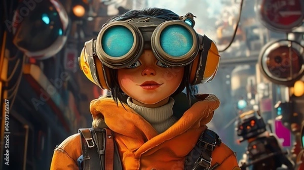 Fototapeta Girl with goggles explores a vibrant, futuristic cityscape.
