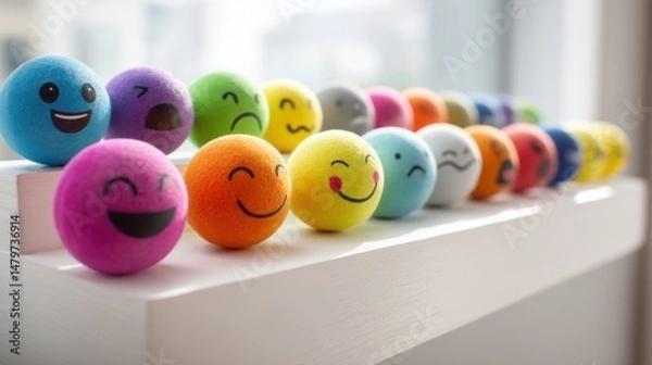 Fototapeta Colorful emotion balls on display in a bright indoor setting showcasing various facial expressions