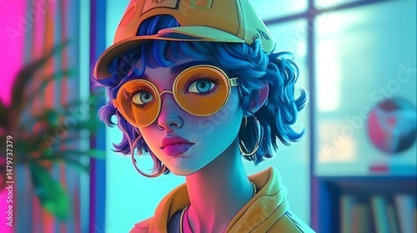 Fototapeta Stylish person with yellow glasses and a hat poses in a colorful setting.