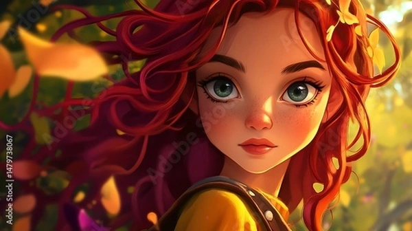 Fototapeta Animated young girl with red hair and green eyes in a forest setting.