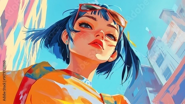 Fototapeta Stylish young woman in city looking up with blue hair and orange sunglasses.