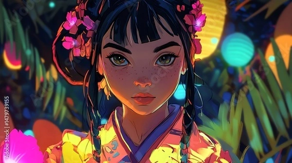 Fototapeta Anime-style portrait of a young woman amidst colorful, glowing lights.