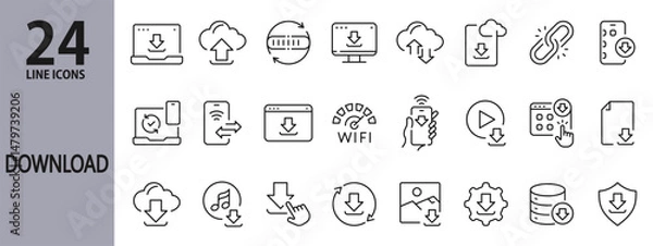 Fototapeta Download line icons set with Upload, Internet, Mobile, Cloud, File, Click, Computer and more. Editable Stroke