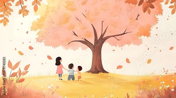 Fototapeta Mother and children under a tree with falling leaves in a serene landscape