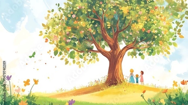 Fototapeta Whimsical illustration of a blooming tree with children underneath