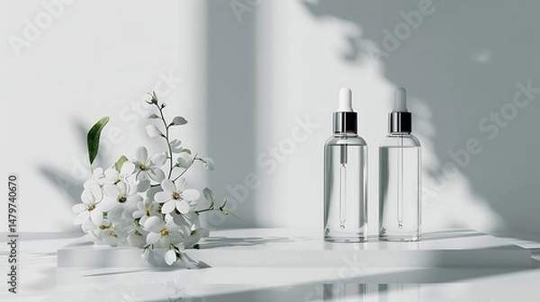 Fototapeta Elegant beauty product display with floral accents and minimalist design.