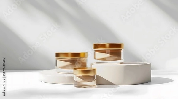 Fototapeta Cosmetic containers on pedestals, illuminated by sunlight and shadow.