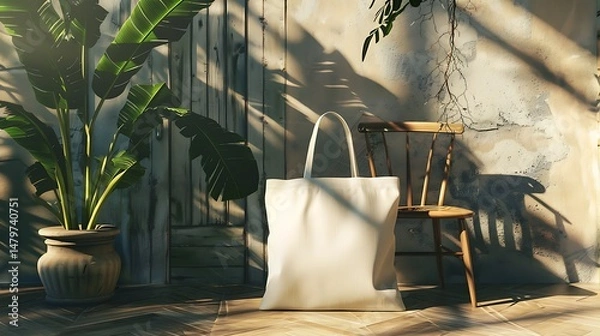 Fototapeta Tote bag near chair with a potted plant against a weathered wall background