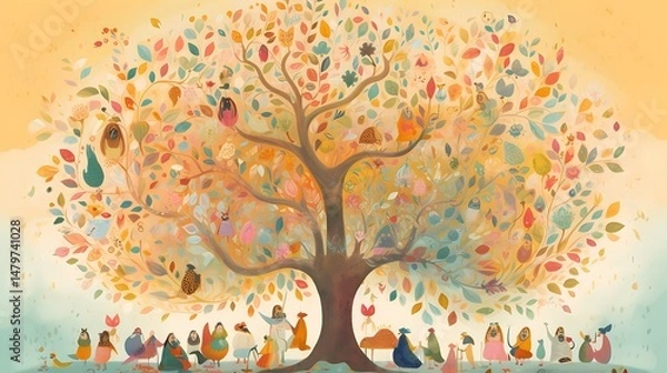 Fototapeta A whimsical gathering under a colorful autumn tree, illustrative art style.