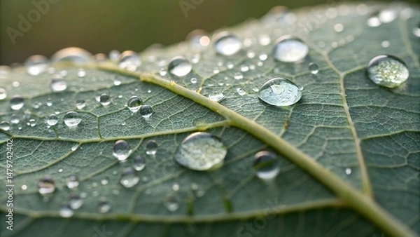 Fototapeta Macro image capturing clear water droplets resting on a fresh green leaf with shallow depth of field, showcasing the beauty of nature’s details.