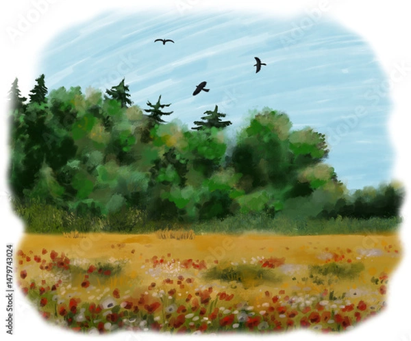 Fototapeta Blooming Meadow and Forest Under Open Sky