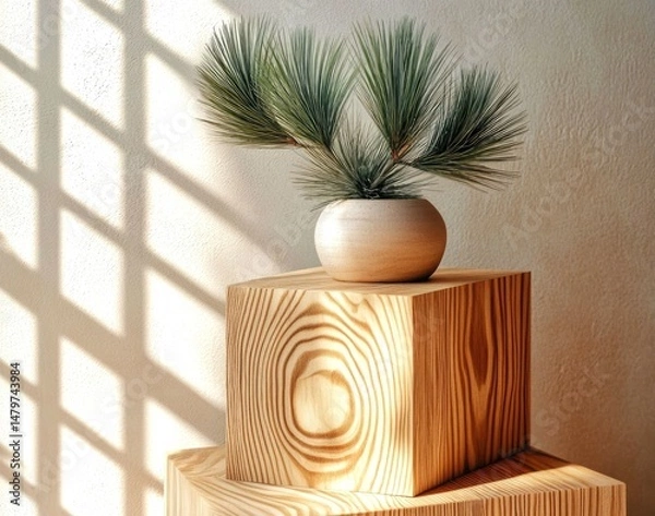 Fototapeta Wood podium and palm branch with shadows on a wall. Concept scene stage showcase for new product, promotion sale, banner