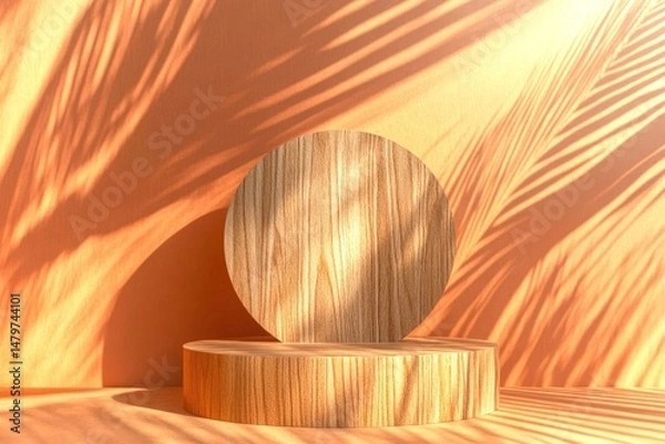 Fototapeta Wood podium and palm branch with shadows on a wall. Concept scene stage showcase for new product, promotion sale, banner