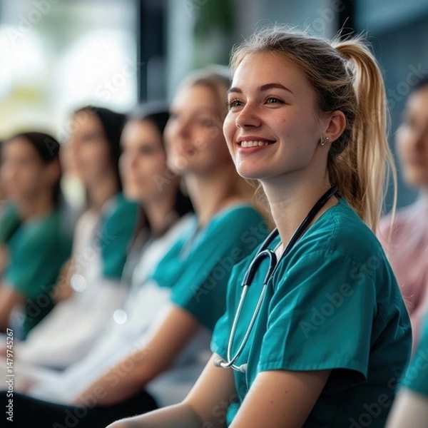 Fototapeta Medical Students Attending Lecture in Auditorium, Smiling and Looking Up, Medium Shot, Healthcare Education, Bright Natural Light
