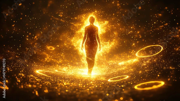 Obraz Silhouette In A Golden Light Portal With Transcendence